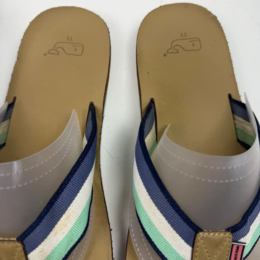 Vineyard Vines Mens Flip Flop Sandals Striped Webbing Tan Navy Green Size 11